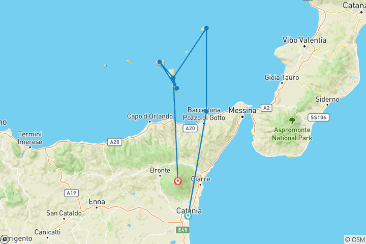 Carte du circuit Sicile & Îles Éoliennes : Randonnée volcanique Aetna et Stromboli (8 jours)