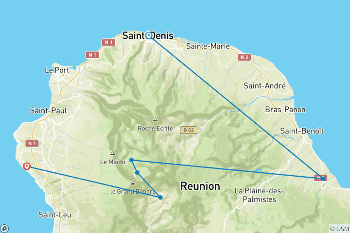 Map of La Réunion - Hut Trekking on the GR1 14 Days