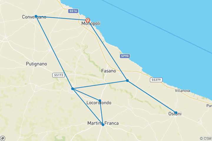 Kaart van Van de Adriatische Zee naar de Itria-vallei – Polignano a Mare & de Trulli van Alberobello – 8 dagen