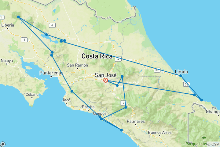 Kaart van Costa Rica voor singles en alleenreizenden (16 dagen)