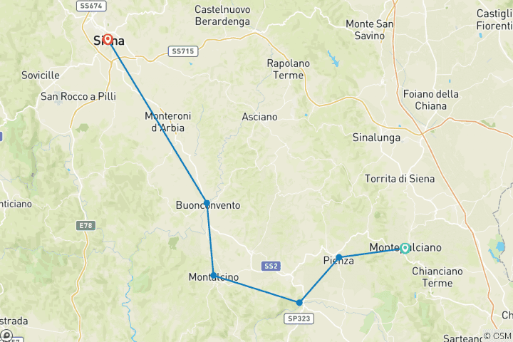 Map of Hills of Tuscany - Val d Orcia - Montepulciano to Siena 8 Days