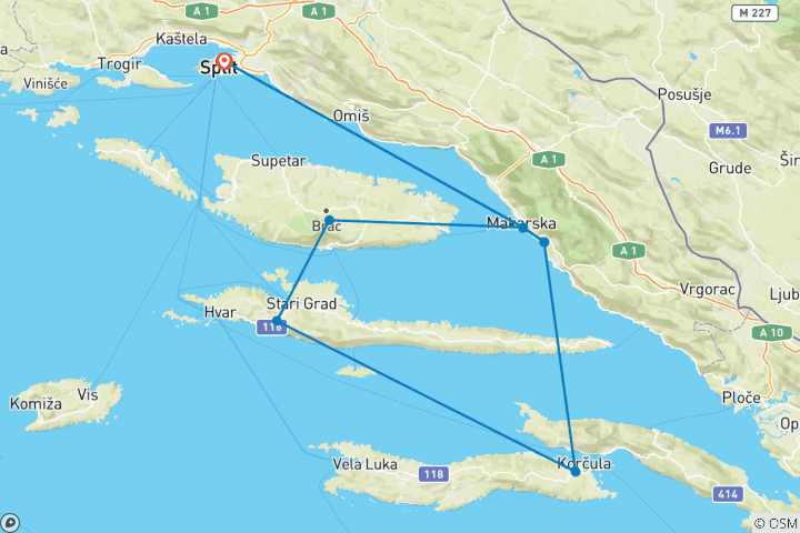 Karte von Kroatien - Küste und Gebirge Dalmatiens für Singles und Alleinreisende (8 Tage)