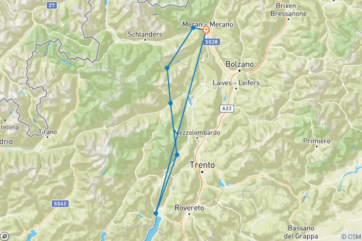 Kaart van De Alpen oversteken van Merano naar het Gardameer (7 dagen)