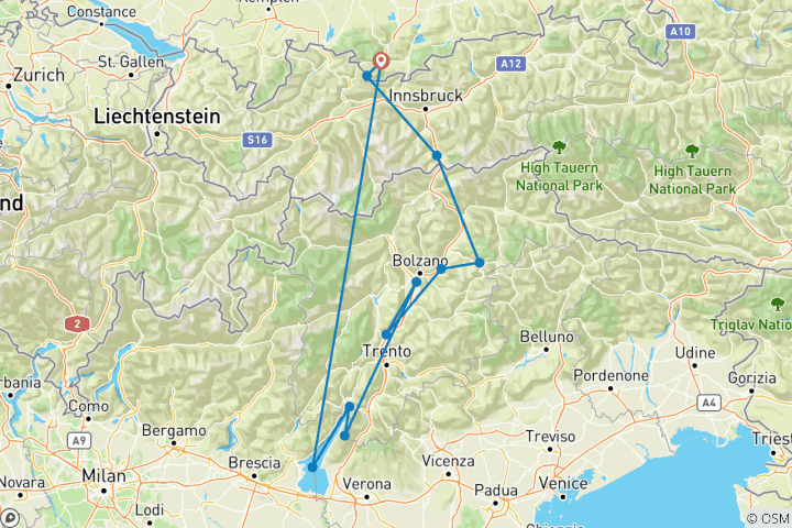 Carte du circuit Traversée des Alpes de Garmisch au lac de Garde - Randonnée des points forts (8 jours)