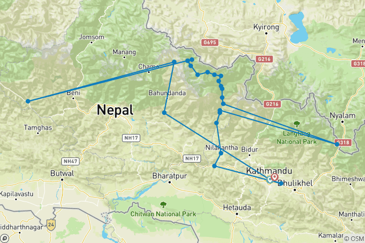 Karte von Nepal - Manaslu Umrundung (18 Tage)