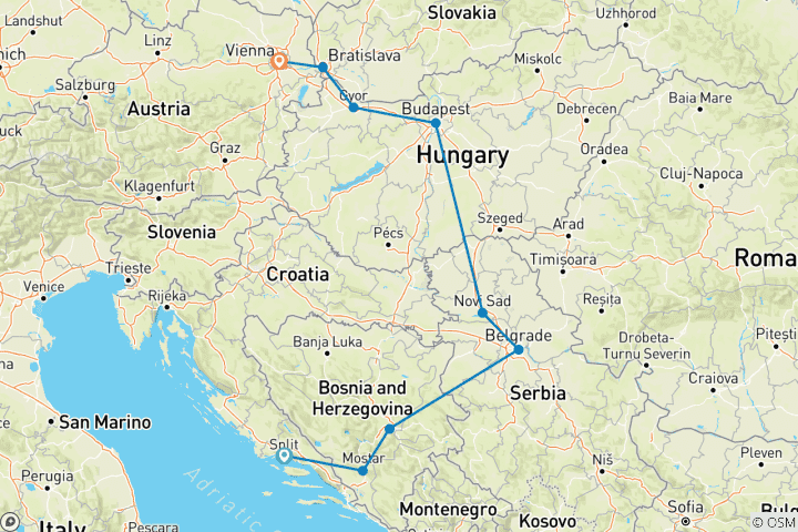 Map of Split to Vienna; Semi – Private Tour with Dedicated Tour Leader & Car