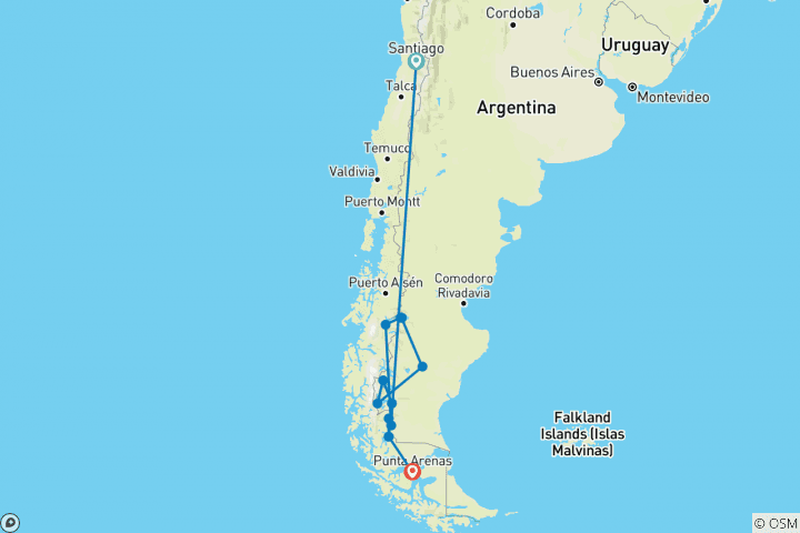 Karte von Selbstfahrerreise Chile - Die vier Giganten Patagoniens 18 Tage (18 Tage)