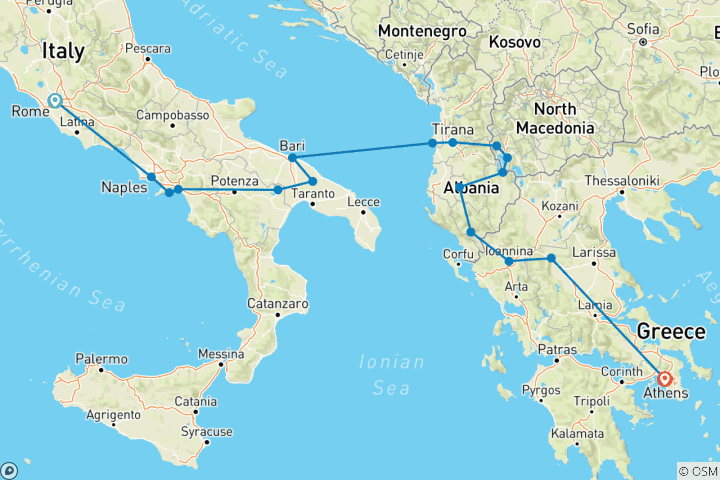 Mapa de De Roma a Atenas / Corfú; Semi - Recorrido privado con guía y coche dedicados
