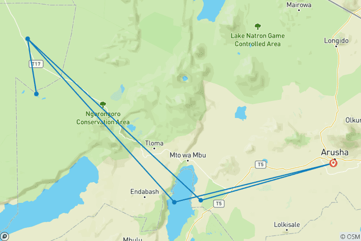 Mapa de Safari de 4 días al Albergue de la migración de Ñus del lago Manyara y el Serengeti