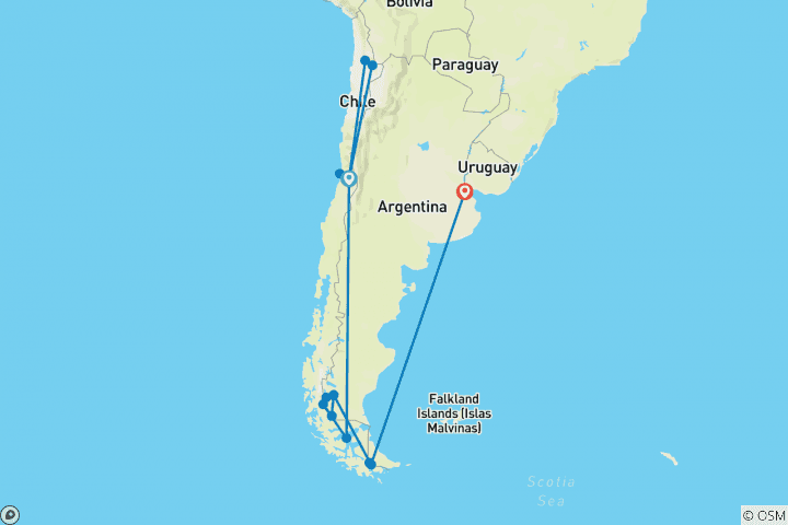 Karte von Chile & Argentinien klassisch (17 Tage)