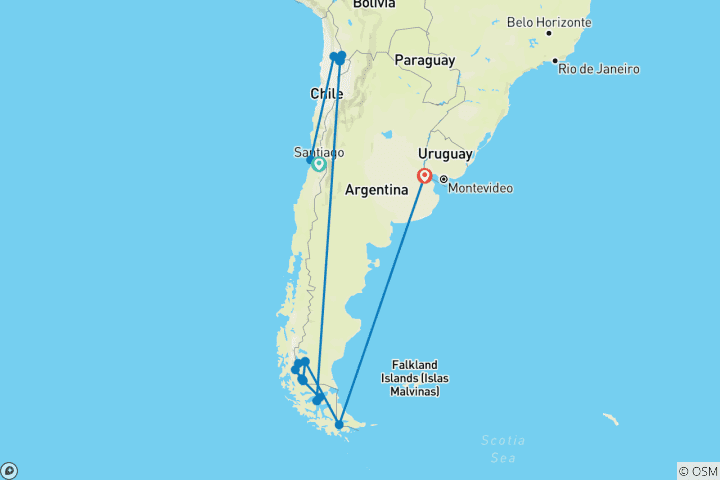 Karte von Chile & Argentinien klassisch (17 Tage)