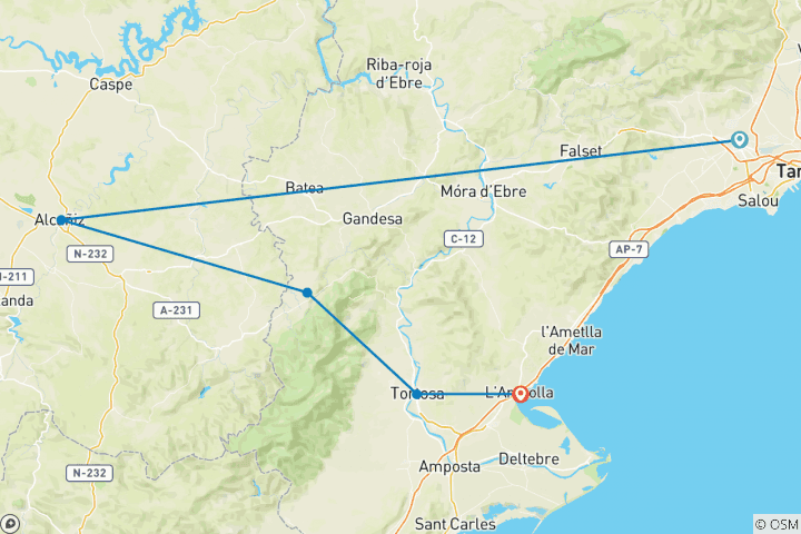 Karte von Radtour Katalonien - “Via Verde” Fahrradweg von Aragón bis Mittelmeer (7 Tage)