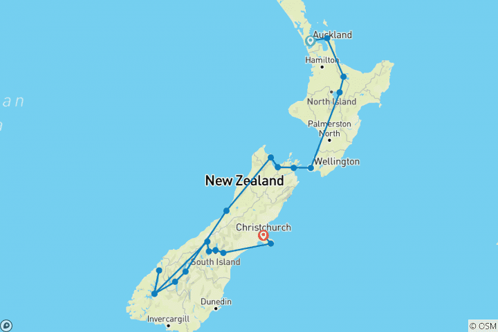 Karte von Fjorde, Vulkane und Begegnungen - von Auckland nach Christchurch (21 Tage)