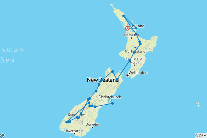 Karte von Fjorde, Vulkane und Begegnungen - von Christchurch nach Auckland (21 Tage)