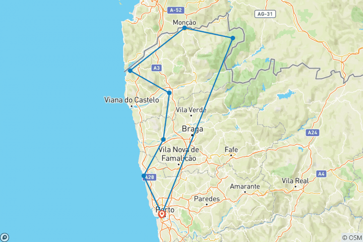 Map of Minho and Porto Bike Tour - Green Portugal: From the mountains to the sea (8 days)