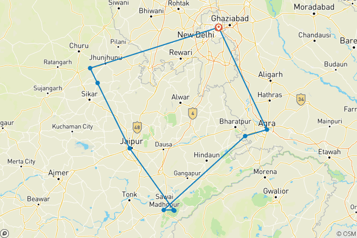 Kaart van 10-daagse rondreis door India