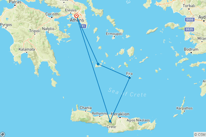 Map of 10 Day Tour in Milos, Santorini, Crete an Amazing Greek Islands Hopping Package.