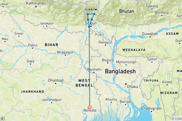 Kaart van Rondreis door Noordoost-India vanuit Kolkata