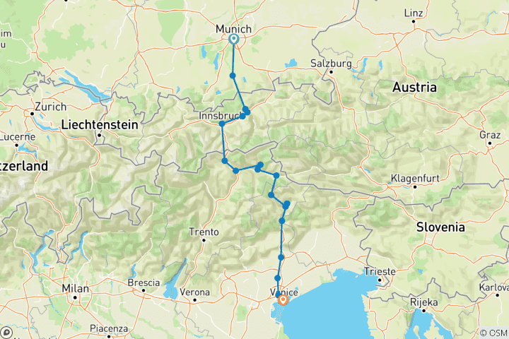 Kaart van München - Venetië: sportief