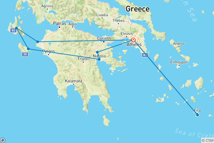 Carte du circuit Zante, Céphalonie, Santorin et Athènes : 12 jours de visites guidées