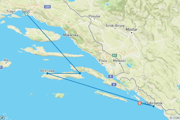 Map of Premium Split to Dubrovnik (from Split to Elaphiti Islands)
