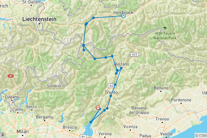 Carte du circuit Innsbruck - Lac de Garde : une escapade sportive à travers les vergers et les vignobles (8 jours)