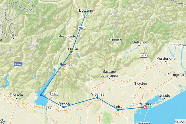 Karte von Von Bozen nach Venedig mit Charme - Wein. Palazzi. Gondoliere. (8 Tage)