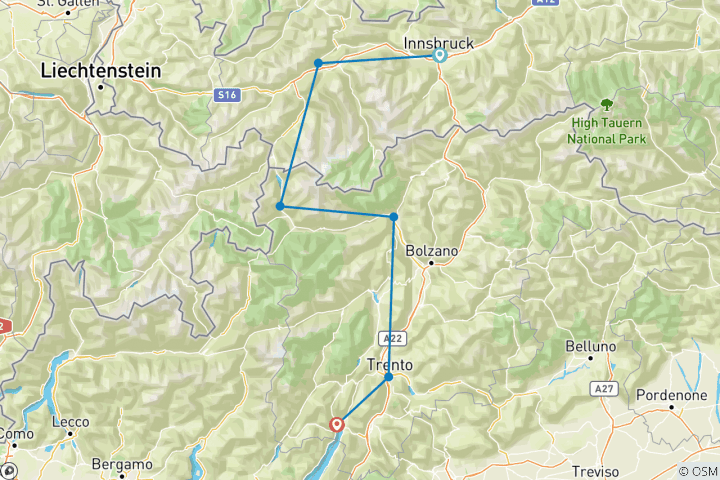 Carte du circuit Voyage à vélo d'INNSBRUCK à RIVA del GARDA - classique (8 jours)