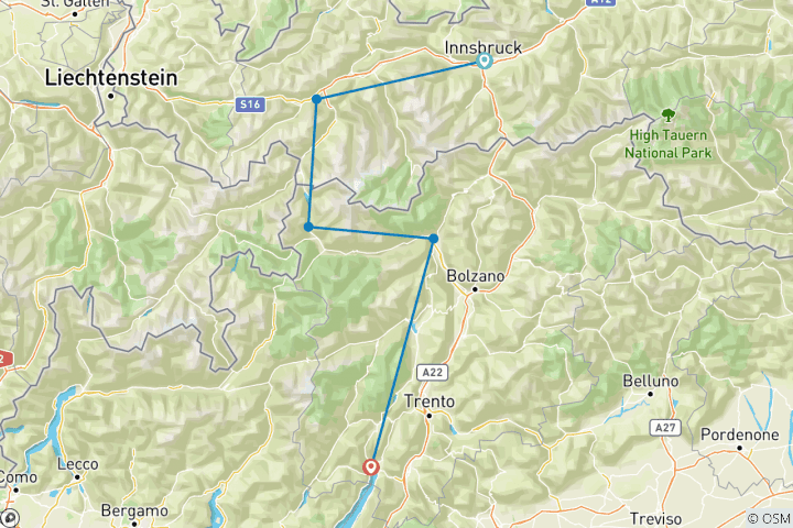 Karte von Radreise von INNSBRUCK nach RIVA del GARDA - sportlich (7 Tage)