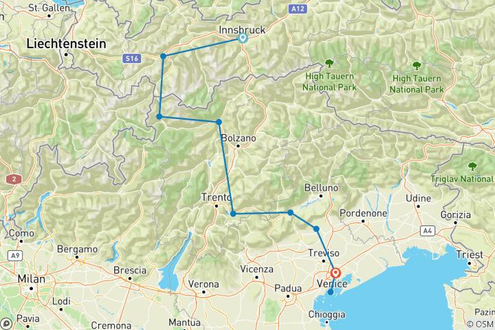 Carte du circuit AlpenSerenissima, d'Innsbruck à Venise - sportif (11 jours)