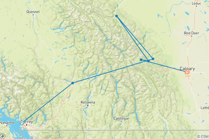 Map of 6-Day Canadian Rockies Tour from Vancouver with Rocky Mountaineer | Summer Departure