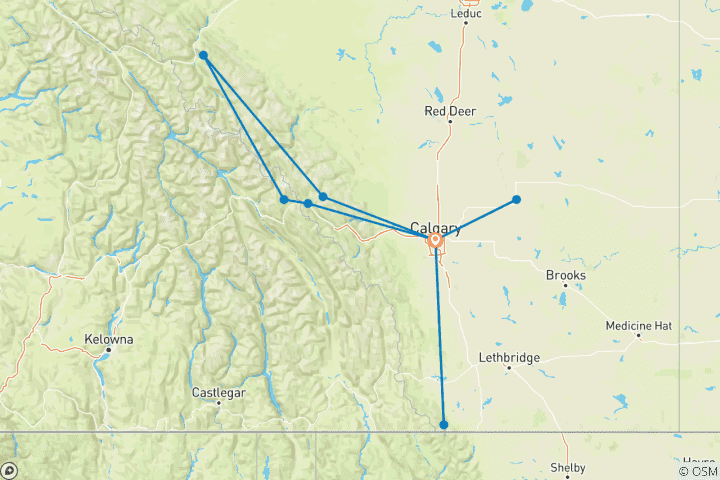 Map of 7-Day Alberta Rockies Adventure Tour: Banff, Jasper, Yoho, Waterton National Parks & Drumheller