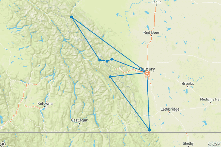 Carte du circuit Circuit de 7 jours dans les Rocheuses canadiennes : Explorez les parcs nationaux de Banff, Jasper, Yoho, Kootenay et Waterton.