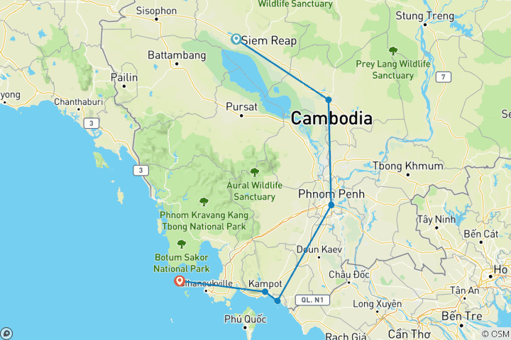 Carte du circuit Cycle Angkor vers les plages du Cambodge