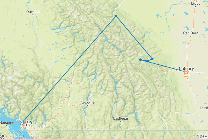 Carte du circuit Aventure VIA Rail de 5 jours de Vancouver aux Rocheuses | Départ de Vancouver