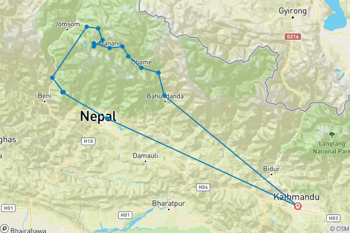 Mapa de Vuelta al Annapurna con el lago Tilicho más la excursión a Poonhill