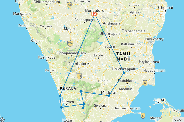Mapa de De Bangalore a los remansos de Kerala y los templos de Madurai y Trichy