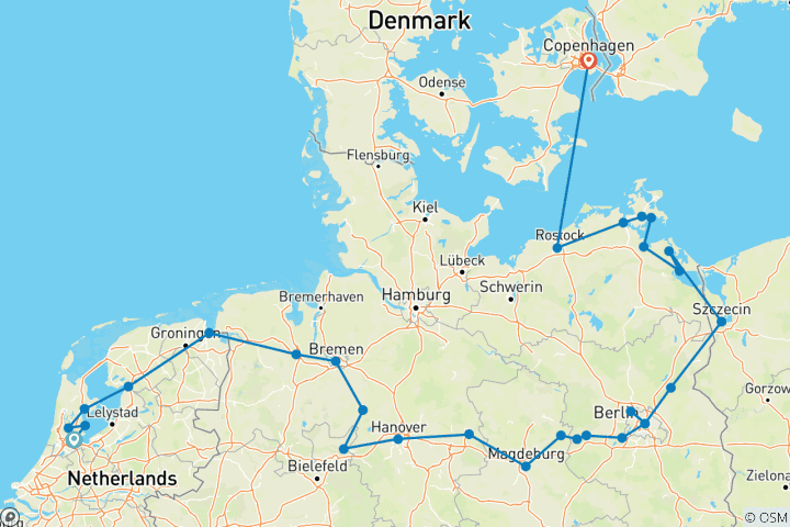 Kaart van Van Amsterdam tot Kopenhagen: ontdek de noordelijke waterwegen tijdens een cruise over de Elbe, de Havel, de Oder en de Oostzee (cruise van haven naar haven)