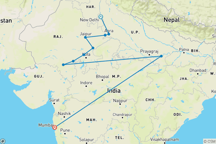 Karte von Taj Mahal Rundreise inkl. Varanasi