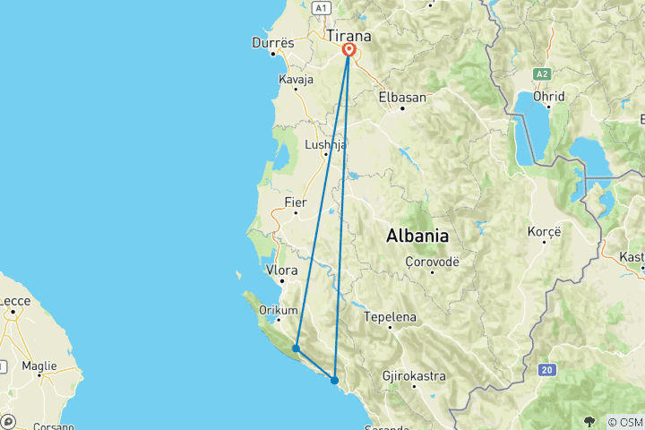 Carte du circuit Sentier côtier albanais autoguidé : Découvrez les joyaux cachés de la côte ionienne (8 jours)