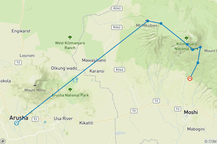 Carte du circuit Mont Kilimandjaro 8 jours Route Lemosho (notre route préférée)
