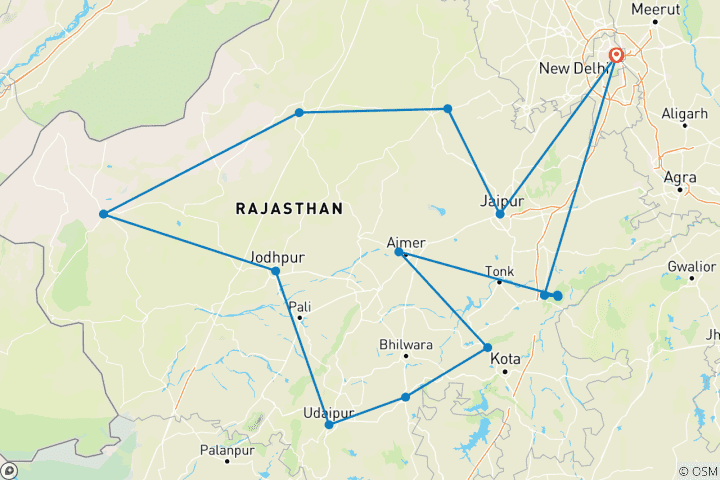 Kaart van Rondreis door Rajasthan vanuit New Delhi