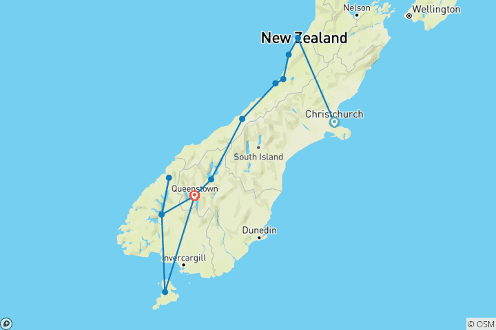 Carte du circuit Aventure sur l'île du Sud de la Nouvelle-Zélande (13 destinations) (12 destinations)
