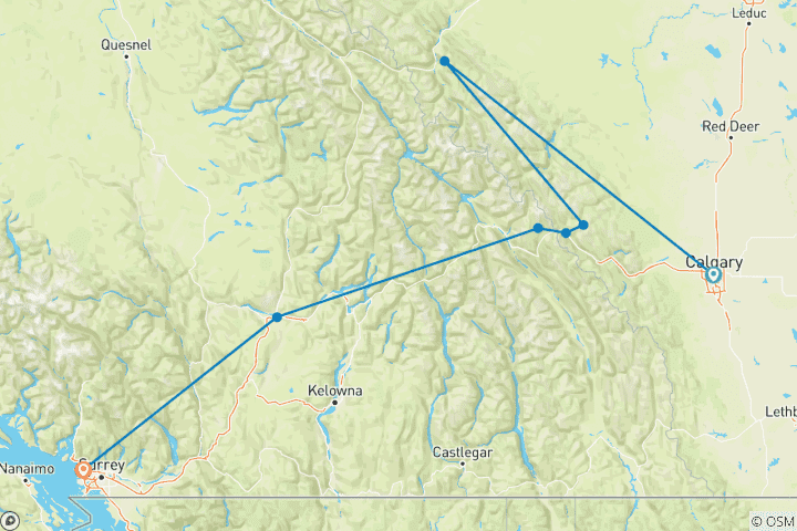 Map of 7-Day Rockies Summer Adventure Tour: Calgary to Vancouver with Rocky Mountaineer