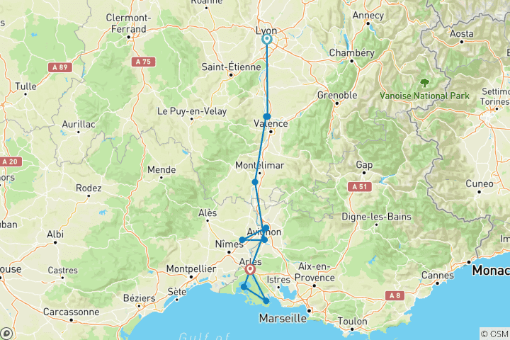 Carte du circuit Actifs & Découvertes sur le Rhône (vers le sud)