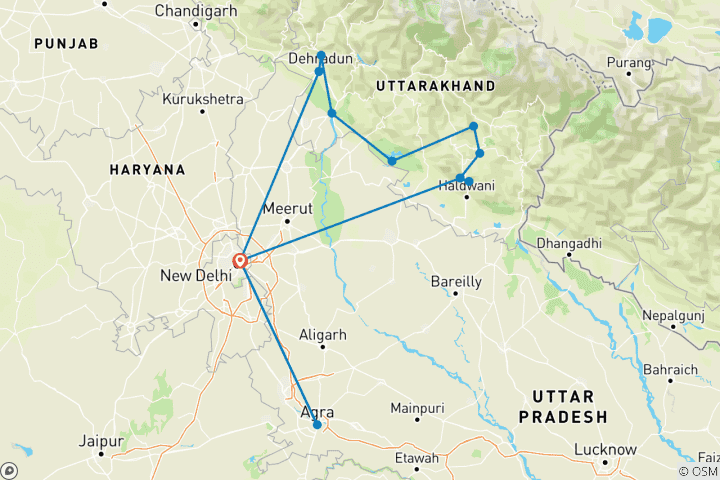 Karte von Private 12 Tage Utranchal & Corbett National Park mit Taj Mahal mit dem Auto von Neu Delhi