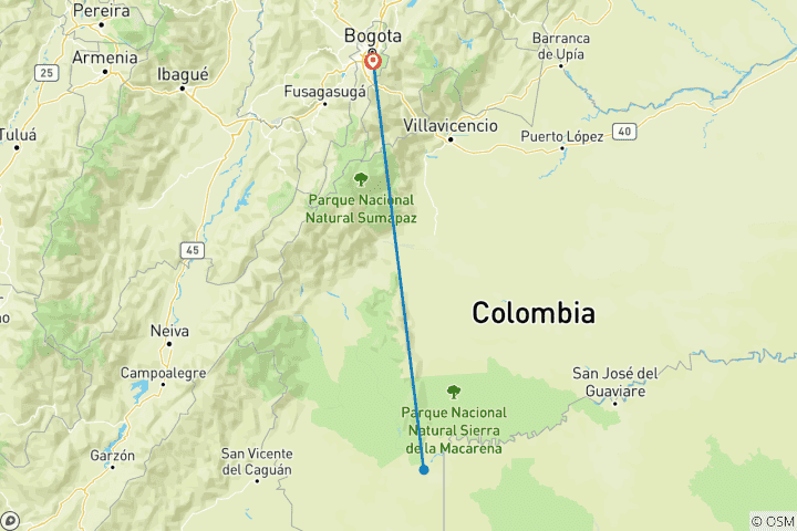 Mapa de Caño Cristales 3 días desde Bogotá