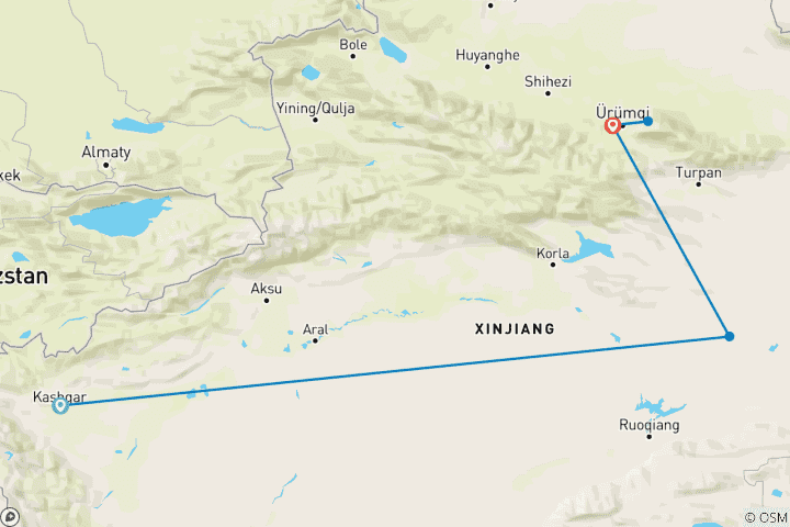 Karte von Budgetreise Xinjiang: Kashgar, Turpan und Urumqi (7 Tage)