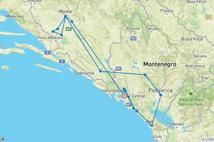 Kaart van 8-daagse rondreis buiten het seizoen door Bosnië en Montenegro vanuit Tivat. Ontdek het beste van Bosnië en Montenegro.