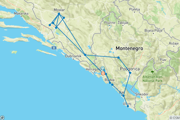 Kaart van Buiten het seizoen 11 dagen panoramische rondreis vanuit Tivat om Bosnië en Montenegro te ontdekken. Ontdek het beste in Bosnië en Montenegro.
